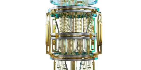 Close-up of a quantum computer's intricate internal structure with gold and blue components.