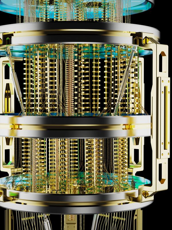 Intricate gold and blue quantum computer hardware with hanging wires.
