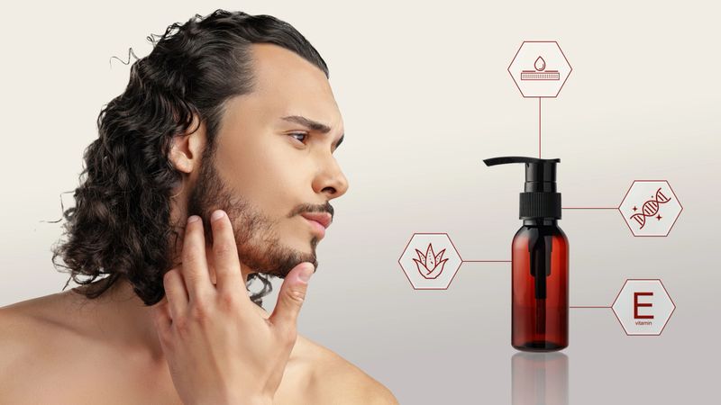 A man with curly hair touches his beard while showcasing a bottle of beard oil. The setting emphasizes grooming and personal care with highlighted benefits of the product.