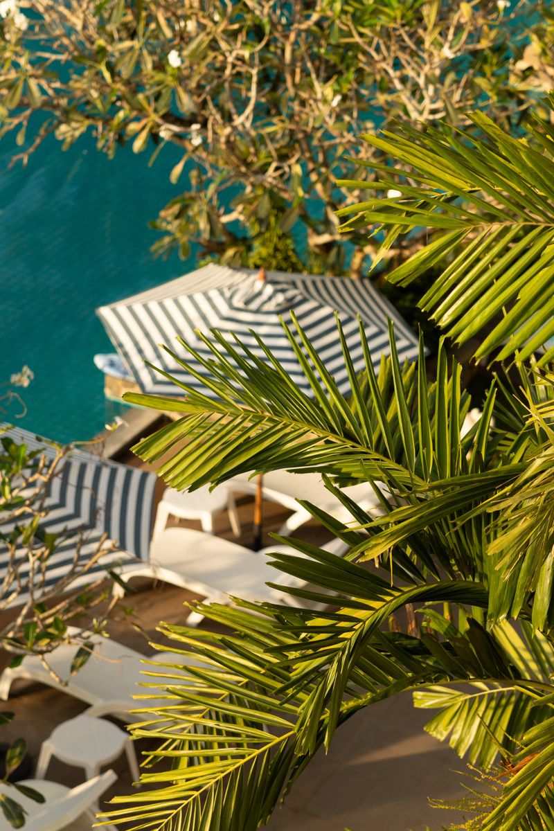 A tropical poolside seating area with white loungers and a striped umbrella is shown in warm natural sunlight, surrounded by lush greenery. The combination of clear blue water, resort textures and soft evening light creates an atmosphere of comfort and relaxation. Concept: suitable for travel, leisure, summer vacation themes, hotel promotions, lifestyle visuals and wellness content.