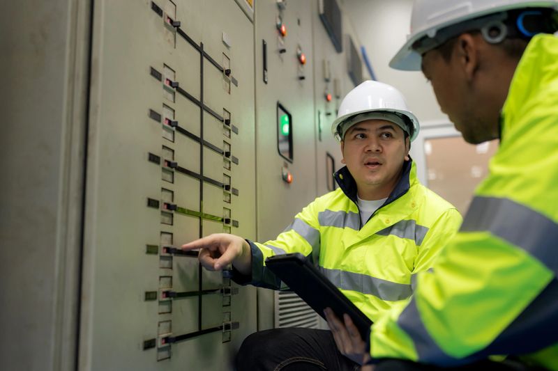 Electrical engineers improving power efficiency by repairing and upgrading components in a control room Using a digital tablet for online adjustments with switchgear wiring power supply equipment high voltage sign safety equipment analyzing technology maintenance teamwork manufacturing plant