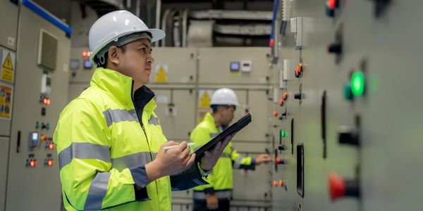 Engineer in high-visibility jacket and helmet inspecting control panels indoors.