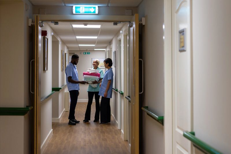 Wide shot of three healthcare workers standing in a corridor in a residential care home in North East England. They are all wearing uniforms, smiling and talking, the female in the middle holding a stack of clean towels.Videos similar to this scenario available.