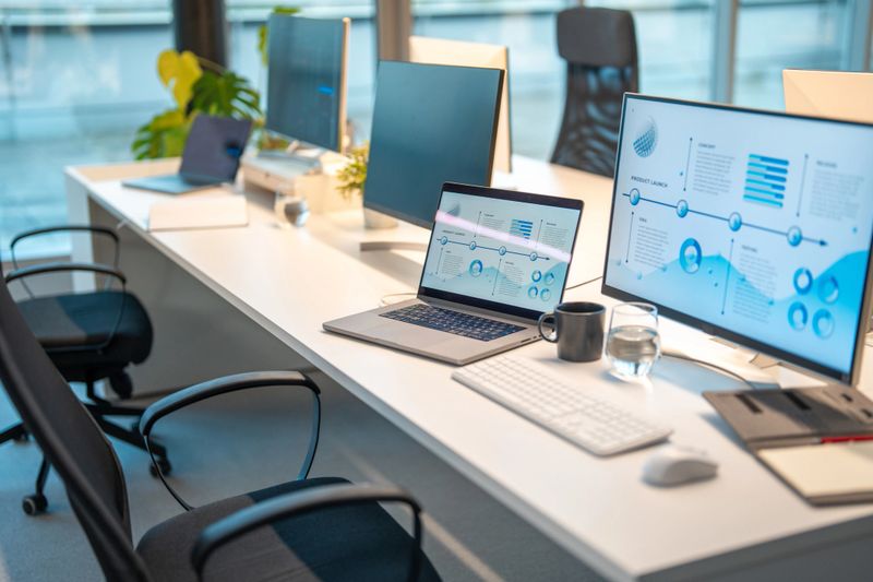 Modern corporate office featuring a sleek desk setup with multiple monitors displaying data charts, alongside a laptop and organized documents, creating an efficient and professional workspace environment.