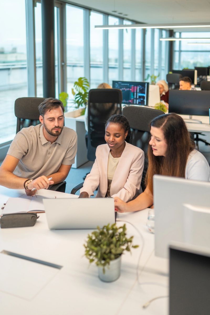 A diverse group of business professionals engaged in discussion around a laptop in a modern, open-plan office. Natural light floods the space as they consider various options, surrounded by computer monitors and sleek office decor.