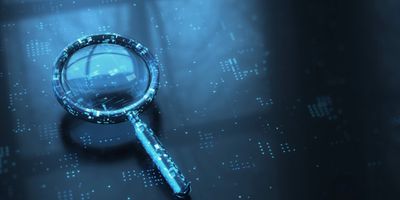 A digital magnifying glass highlighting data on a futuristic screen.