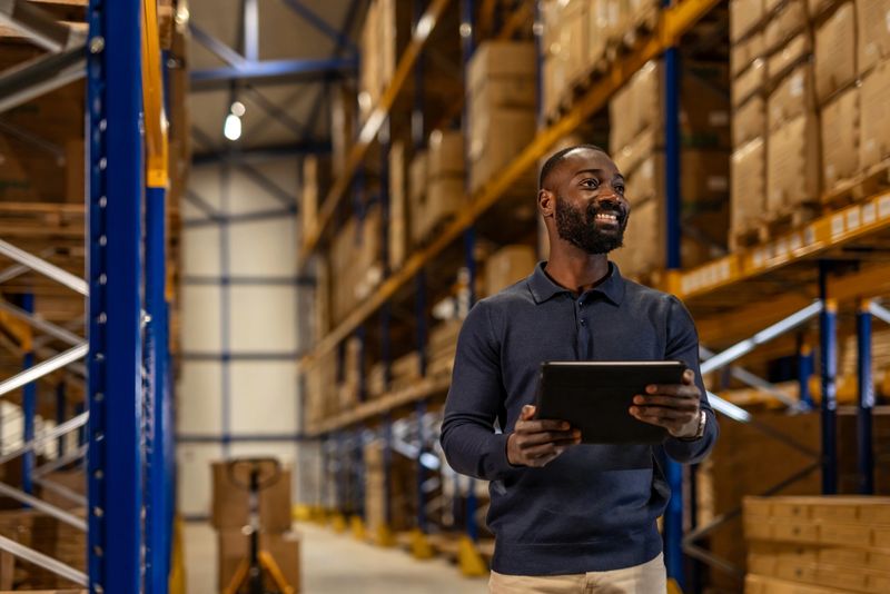 Smiling warehouse worker holding a digital tablet, performing inventory management in a well-organized storage environment with industrial shelving and neatly packed boxes.