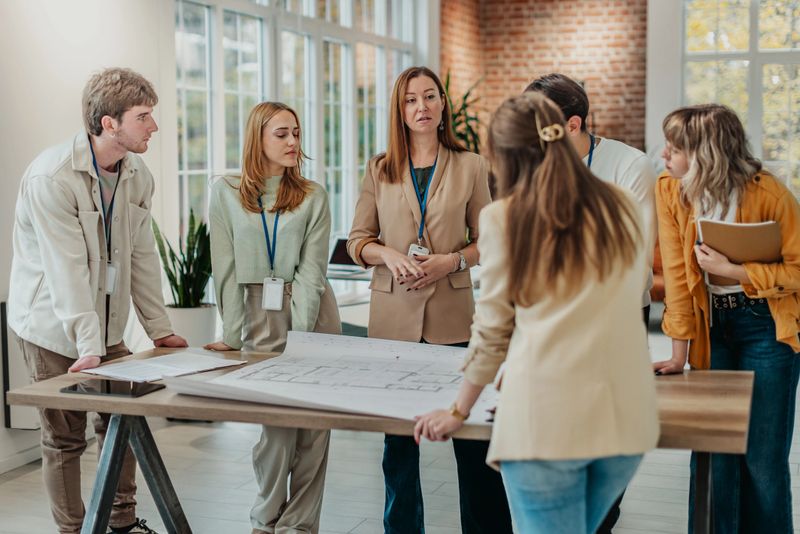 A group of young adults is gathered around a table in an office. They are discussing plans while looking at documents and collaborating on a project. The atmosphere is focused and professional.