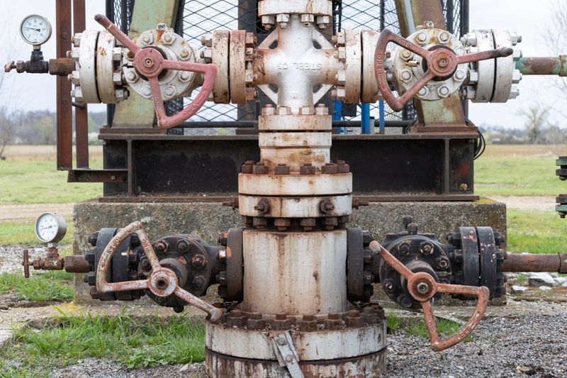 Gas extraction machinery with valves stands in a lush green field with a treeline in the background, indicating an industrial location integrated into a natural environment.