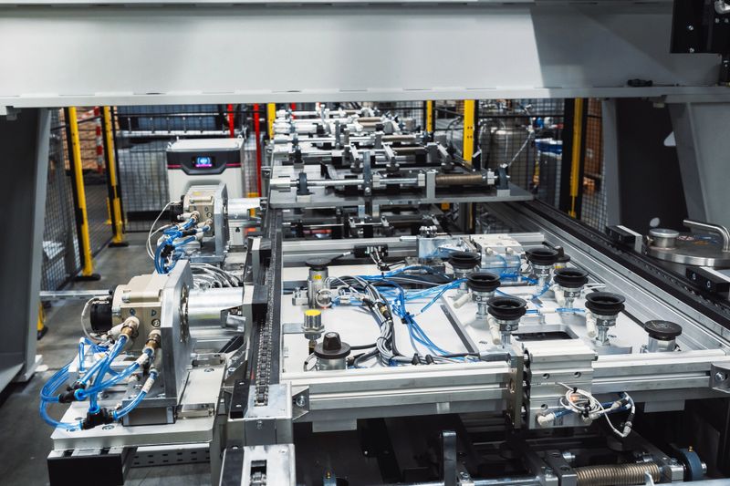 Industrial machinery with conveyor system and cables.