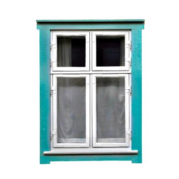 White window with teal frame and curtains.