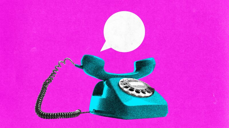 Creative collage. Vintage telephone with floating speech bubble in playful retro photocopy style. Concept of editorial communication design, ads, podcasts, messaging visuals, social media content.