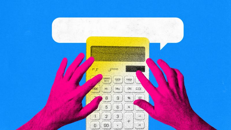 Trendy collage. Bright calculator with energetic hands in retro photocopy style. Concept of finance graphics, budgeting content, business communication, editorial materials, creative marketing.