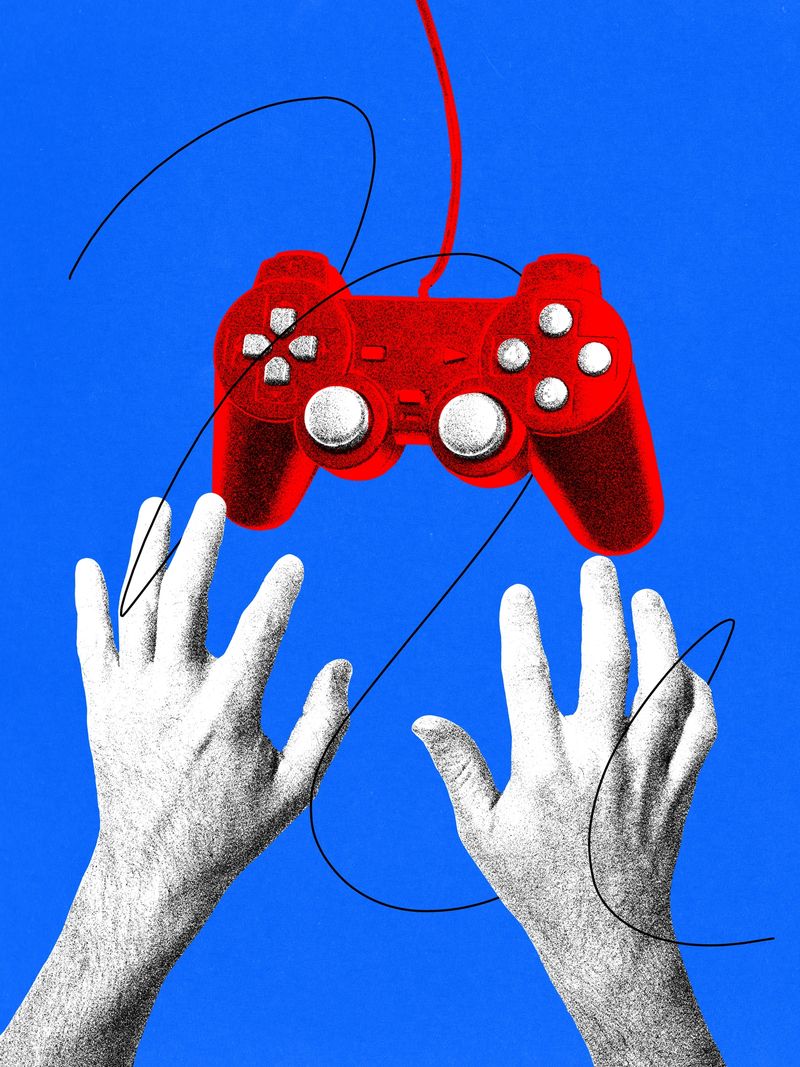 Graphic composition. Red game controller floating above hands in retro photocopy style. Concept of gaming culture visuals, esports branding, tech editorial content, youth-focused design.