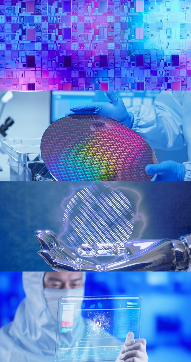 progression of advanced semiconductor AI concepts including   chip patterns precision wafer handling futuristic ai robotic elements and an engineer operating a transparent digital interface illustrating a full view of modern microelectronics development innovation control and intelligent automation systems