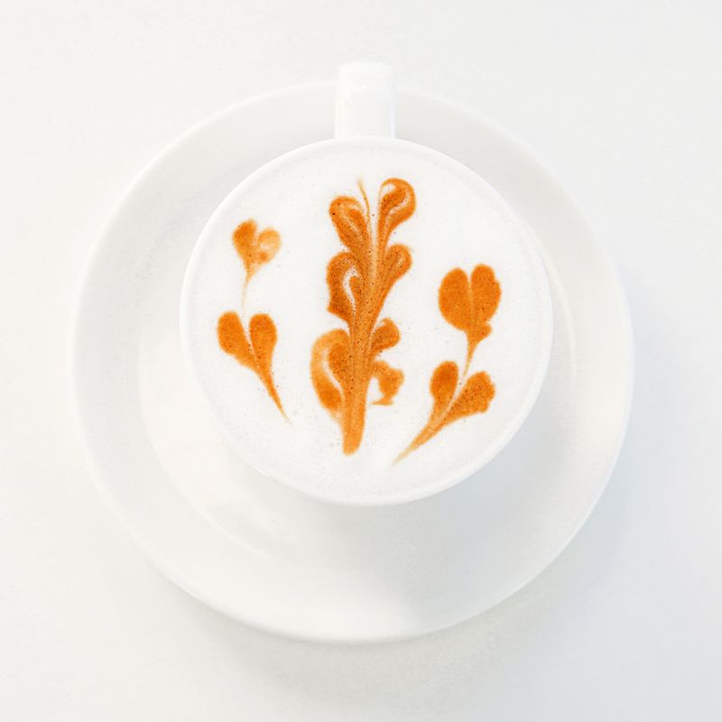 A white cup of latte on a saucer features orange leaf latte art in frothy milk.