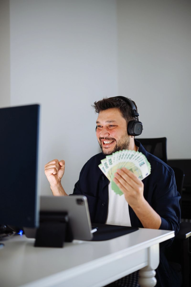 Rich Caucasian businessman earnings big profit success win lottery money cash rain falling shopping more tips. Happy young freelancer man guy manager with laptop clenching fists at home office table