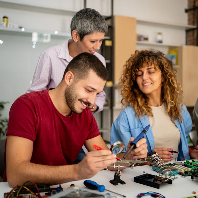 Students and instructor engaging in practical electronics work, soldering components on circuit boards in a busy classroom