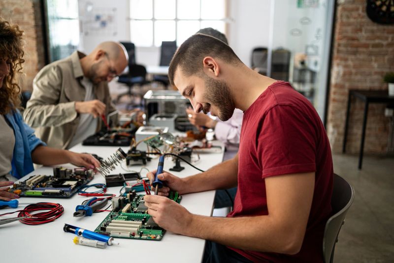 Group of young adult technicians working on electronic devices and computer motherboards in a modern workshop with tools
