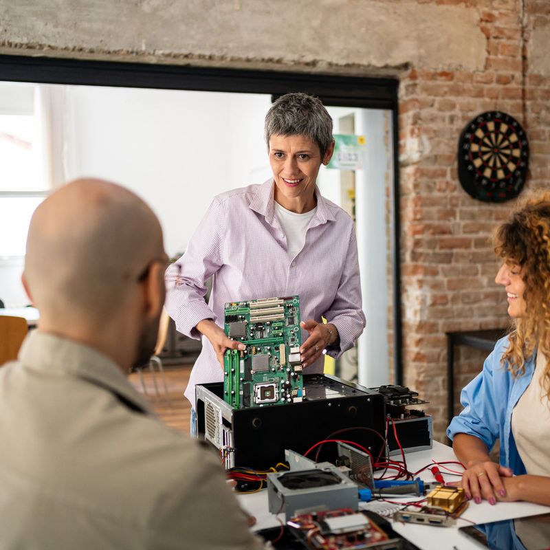 Female teacher showing a computer motherboard to adult students during a technology repair and assembly class