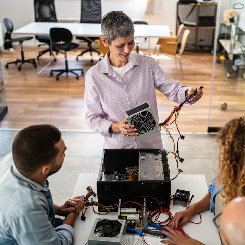 Mature woman mentoring younger adults in a hands-on computer hardware repair and assembly workshop, teamwork and learning