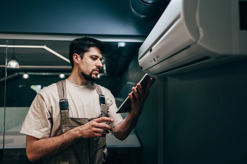 A technician is focused on an air conditioning unit in a modern room, using a tablet to ensure proper functionality. He wears work overalls and works with precision.