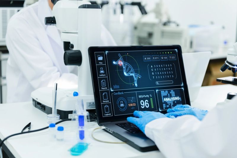 Two scientists in lab coats and gloves examining DNA data on a laptop and through a microscope in  laboratory.