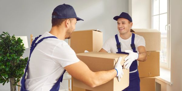 Two movers passing a cardboard box indoors.