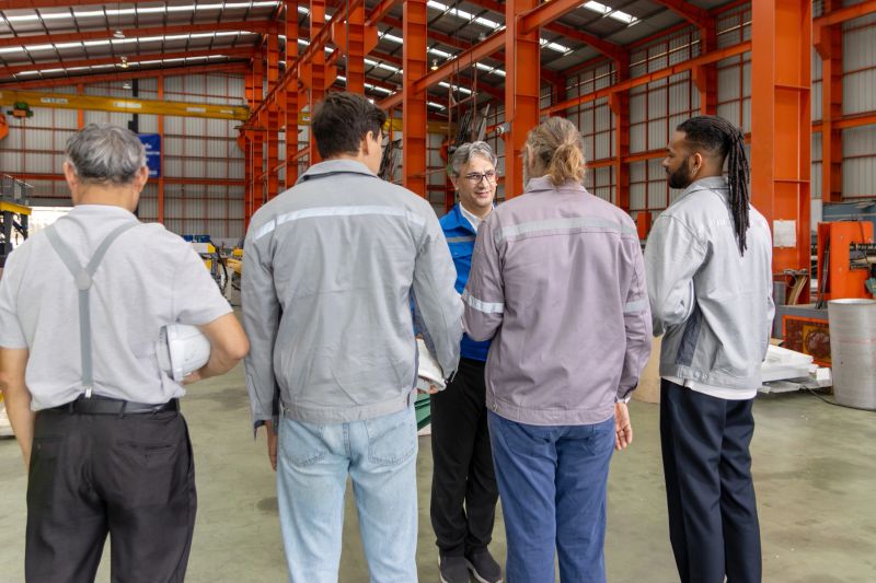 Supervisor of diverse engineers briefing his team before working in manufacturing factory. Leader giving a briefing to team in industrial site. Worker manager conducting a site meeting in a factory.