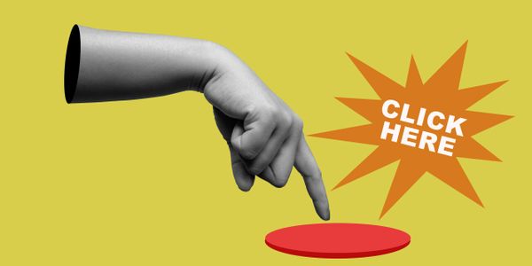 A hand pointing to a red button with 'CLICK HERE' text.