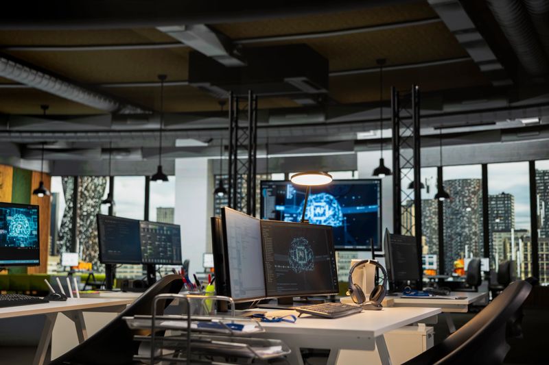Empty startup office with PCs to be used by programmers building scalable solutions for businesses. Computers in Silicon Valley AI industry workplace leveraging machine learning technology
