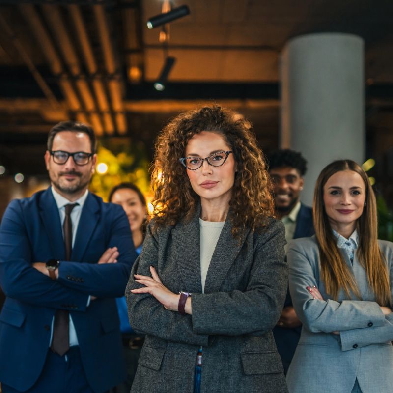 Diverse business professionals standing together in a corporate setting, representing teamwork, leadership, collaboration, and success within a thriving modern office environment