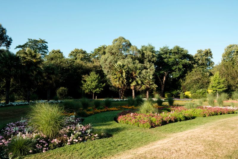 European garden landscape presenting vibrant flower beds, green grass, and lush trees under a clear blue sky, creating a peaceful and natural setting for relaxation and contemplation