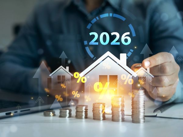 Stacked coins with house icons and 2026 projection for real estate investment growth.