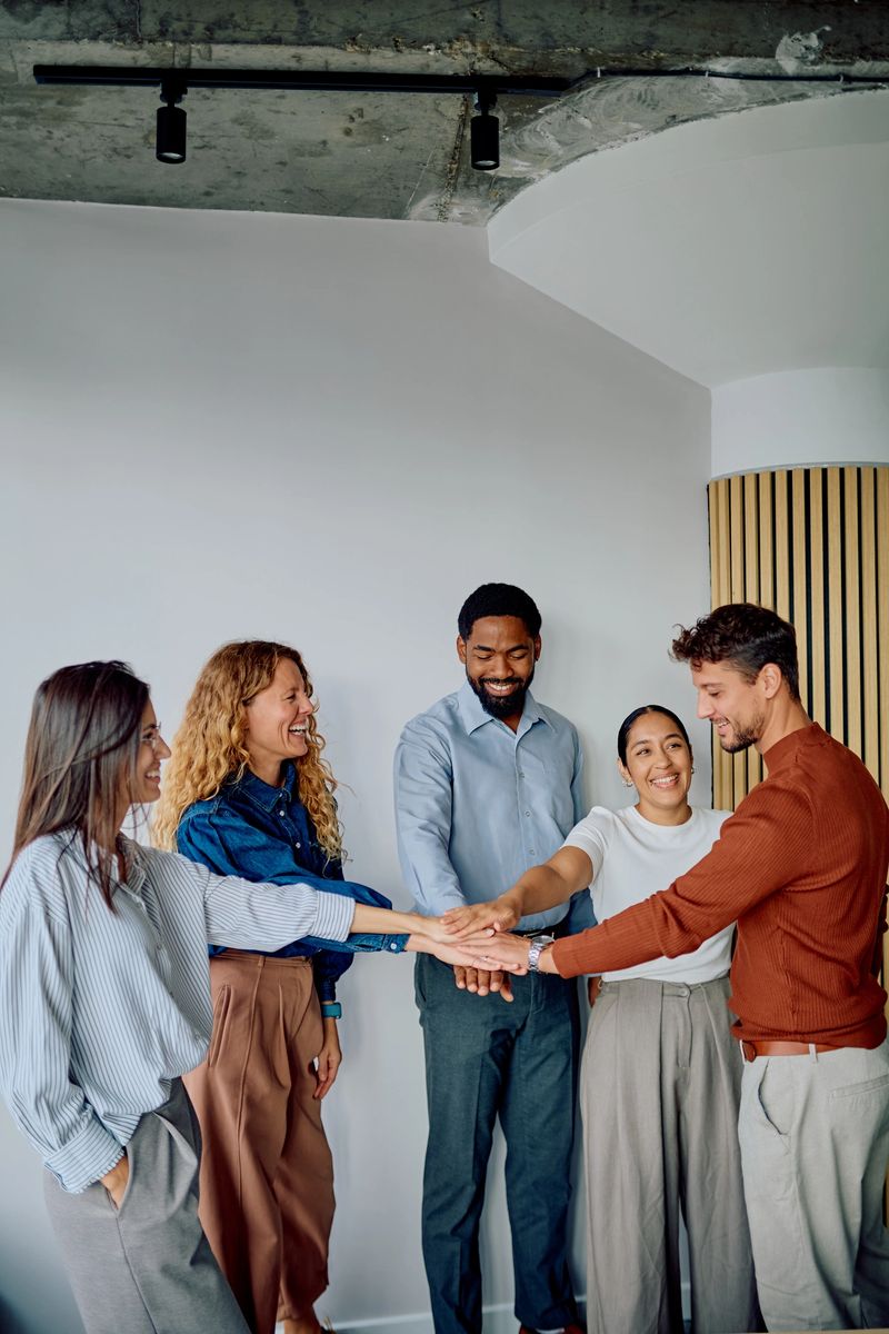 Group of happy multiracial coworkers stacking hands together, celebrating team success and showing strong unity in office