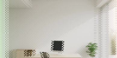 Minimalist desk setup with a plant and window view.