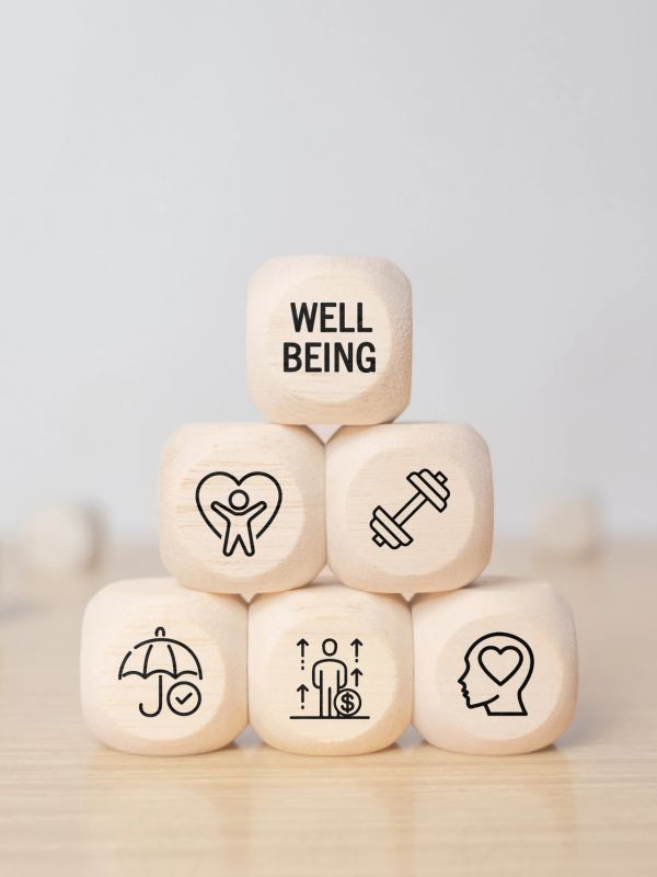 Wooden blocks with well-being icons and text.