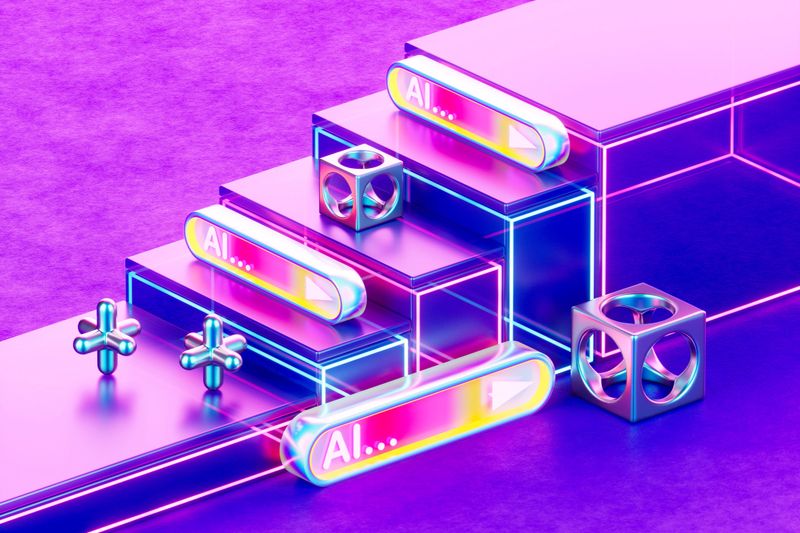 AI Search Bar with Neon Lighting Staircase, Artificial Intelligence Technology Concept. Digitally generated image. 3d render.