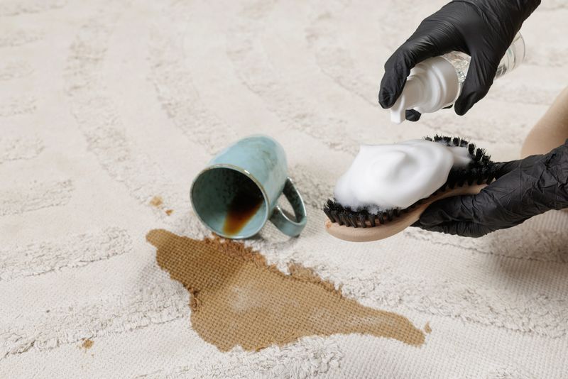 Household worker in gloves using foam brush cleaner to remove fresh coffee stain from beige carpet in modern interior