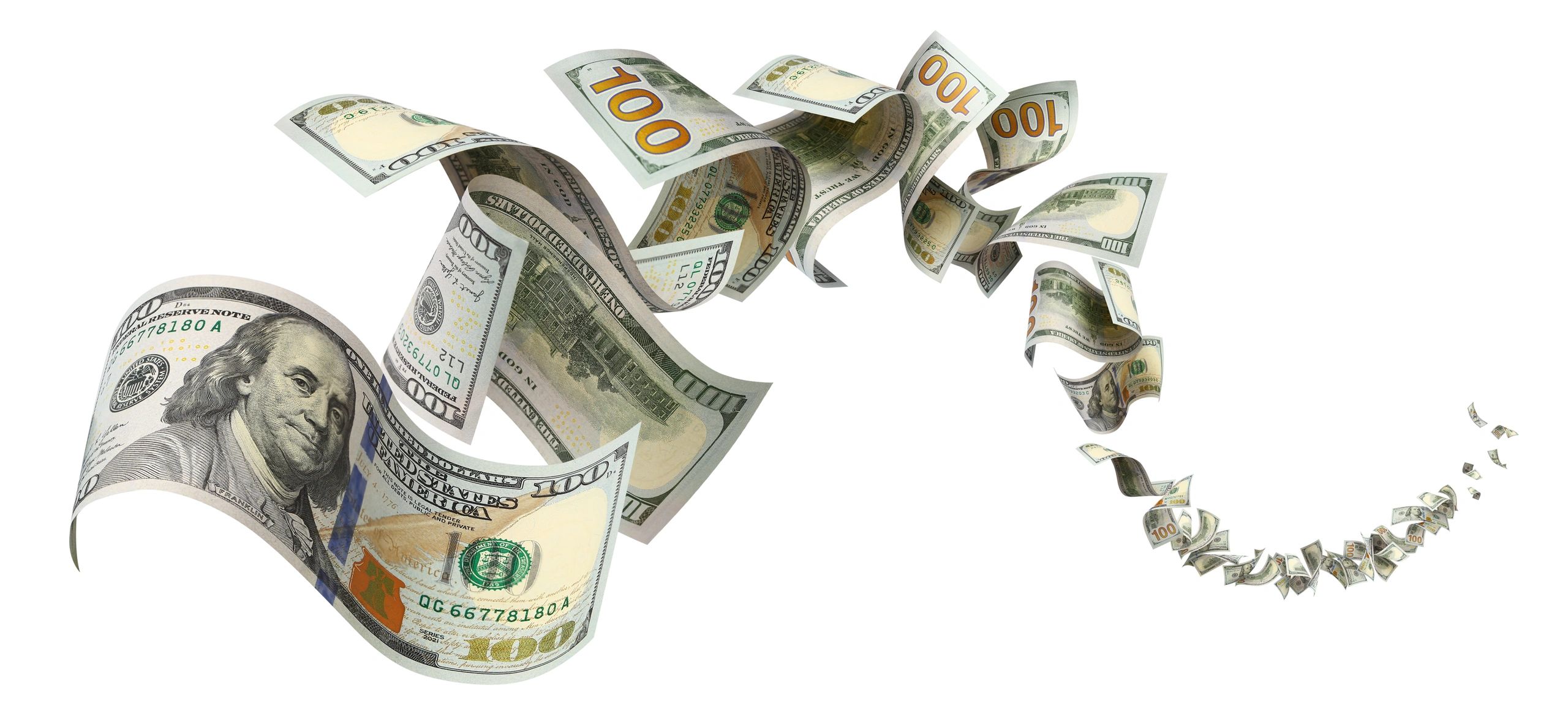 Flying hundred dollar bills, isolated on white background