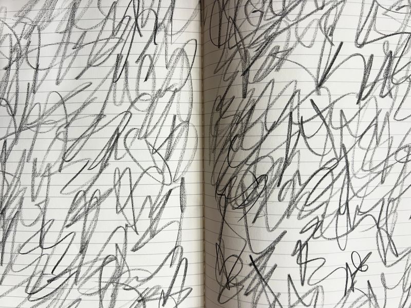 Notebook pages with pencil scribbles.