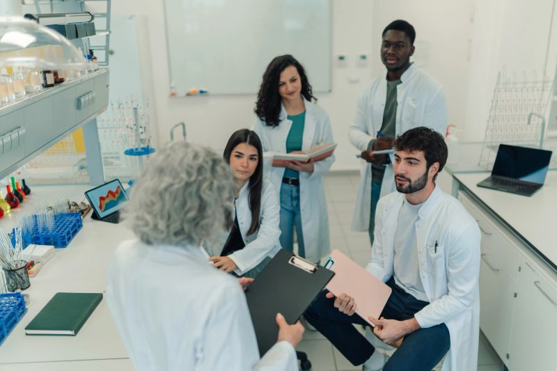 Group of diverse scientists wearing lab coats having a meeting, discussing data, and collaborating on research in a bright laboratory
