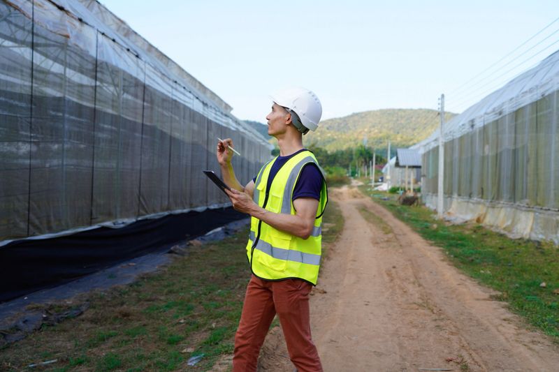 Construction, engineer and man with tablet for agriculture, project development and research. Greenhouse, black person and architect with thinking for maintenance, inspection and structural stability.