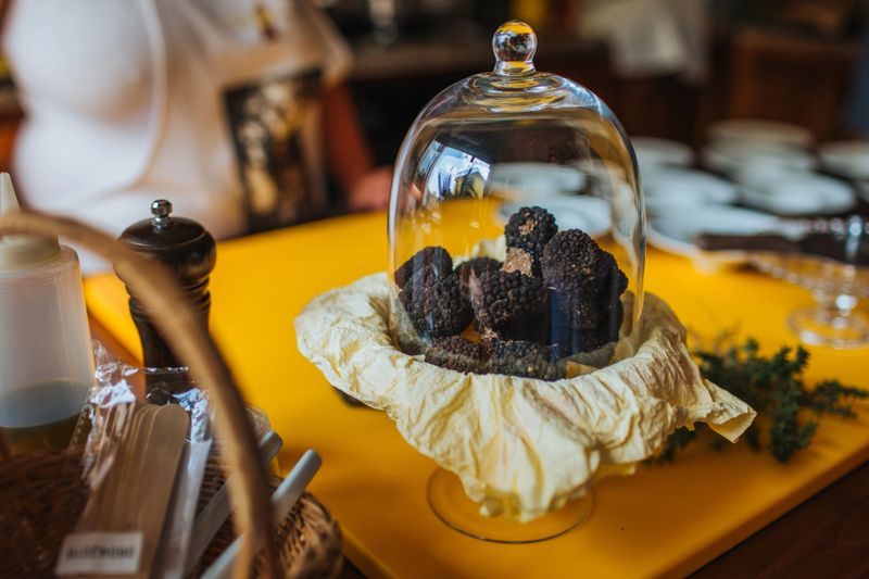 Fresh truffles showcased under a glass cloche on a vibrant yellow table, surrounded by culinary tools, exuding gourmet elegance.