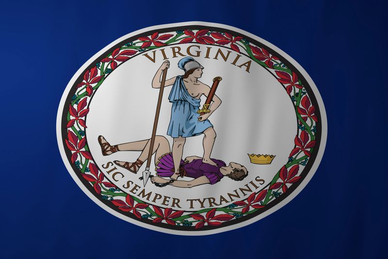 The official flag of Virginia featuring the state seal depicting a classical figure standing over a fallen tyrant. The Latin motto “Sic Semper Tyrannis” emphasizes liberty, independence, and resistance to oppression.