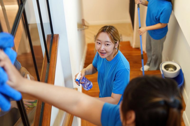 A group of women in blue shirts collaborate to clean a staircase, emphasizing teamwork and shared responsibility in home maintenance.