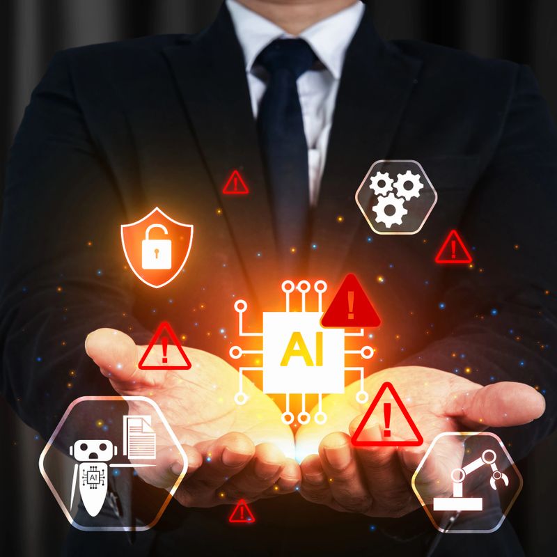 Businessman in a suit is holding holographic icons of AI risk. Robots, security breaches, danger, and error symbols. Concept of risks of AI