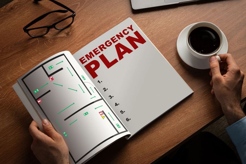 A person reads an emergency plan while enjoying coffee at a wooden table. The focus is on safety.