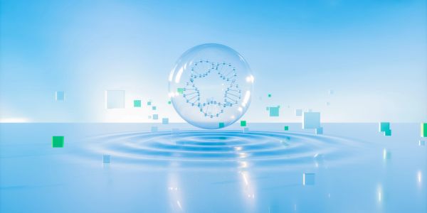 Transparent sphere with a DNA strand floating above water with ripples.