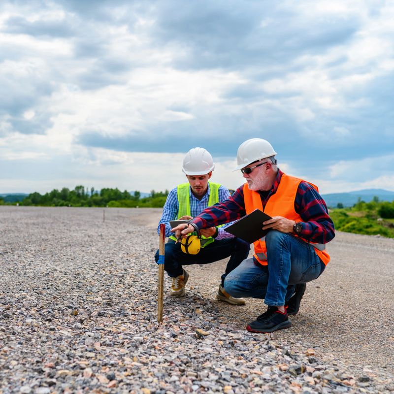 Two engineers check the PIN against the road plan